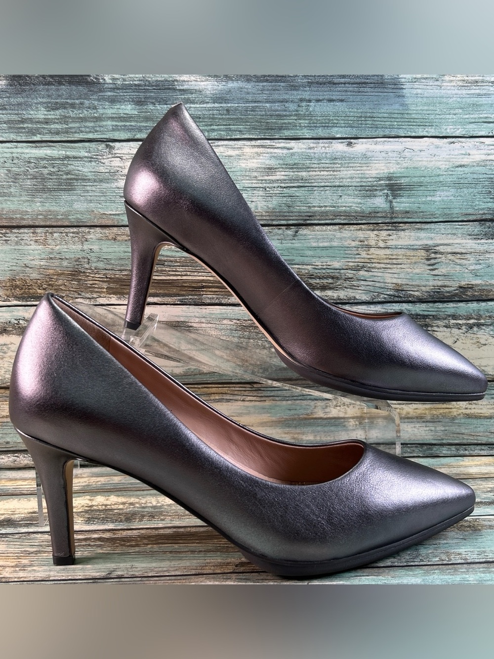 COLE HAAN Grand Ambition Pumps Womens Size 9B Silver Leather Minimal Dress Shoe